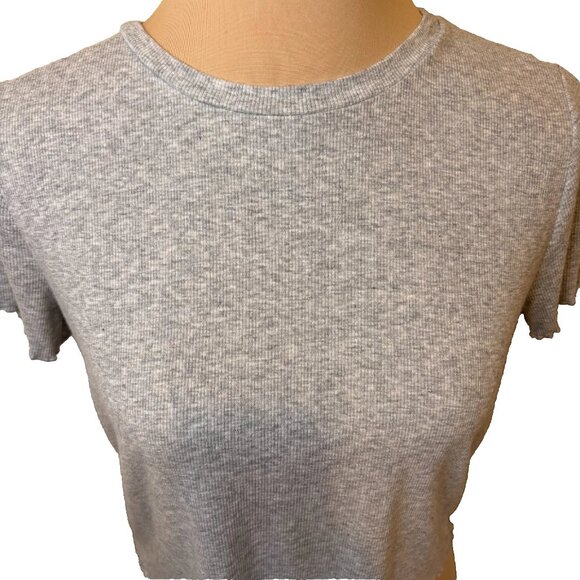 Aerie Light Gray Cropped Baby Tee Ribbed Lettuce Trim Women's Size Medium #175 - Picture 3 of 8